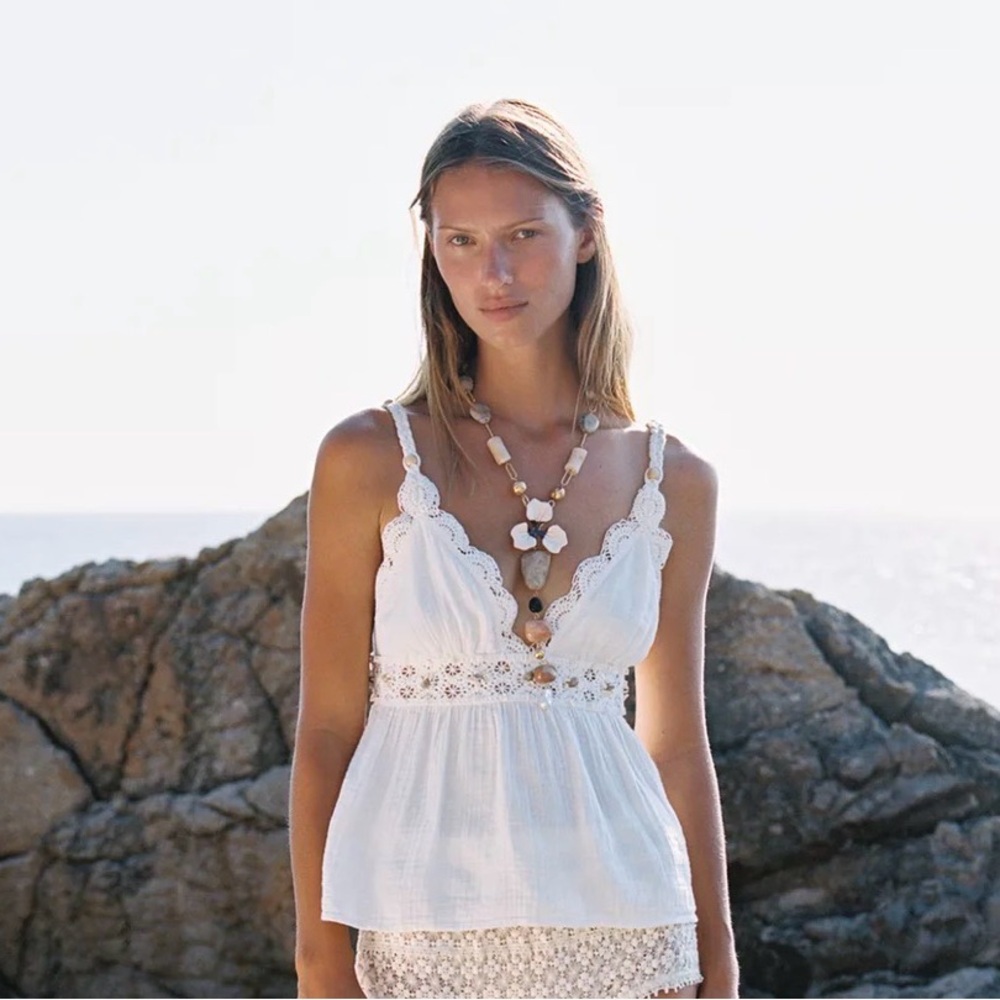 Zara NWT White Crochet & Beaded  Sleeveless Top